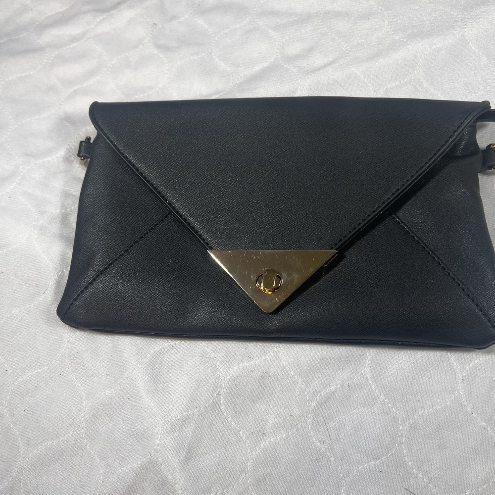 Vintage Black Clutch Handbag Purse W/ Gold Triangle‎ Accent